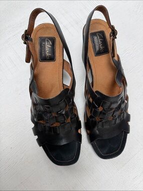 Clarks Black Woven Leather Slingback Sandals